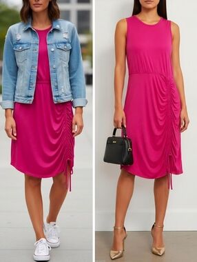 New! Calvin Klein Cinched Pink Hibiscus Sleeveless Jersey Sundress Midi Dress